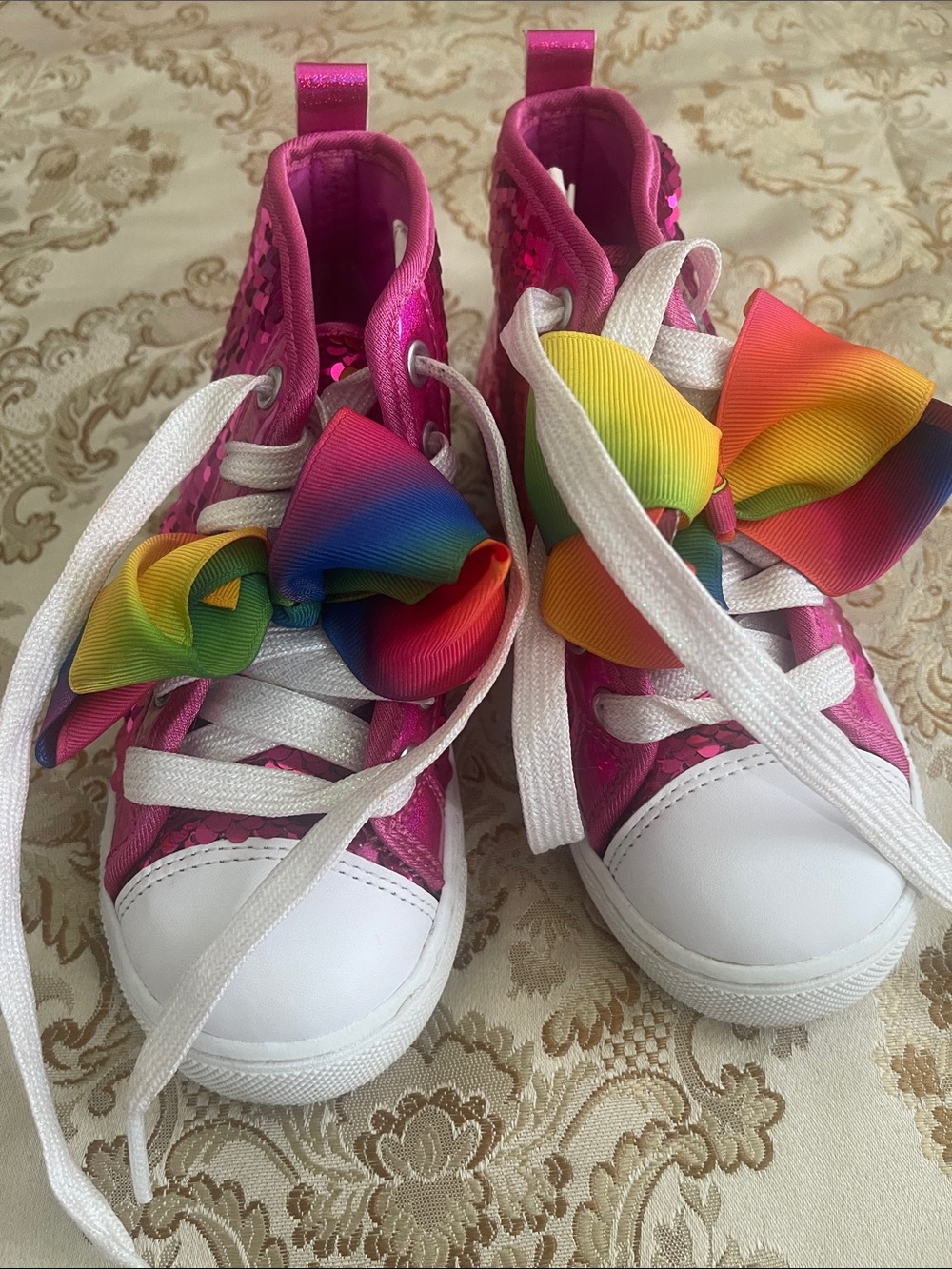 JoJo Siwa Pink Sequin High-Top Sneakers with Rainbow Bow Accents